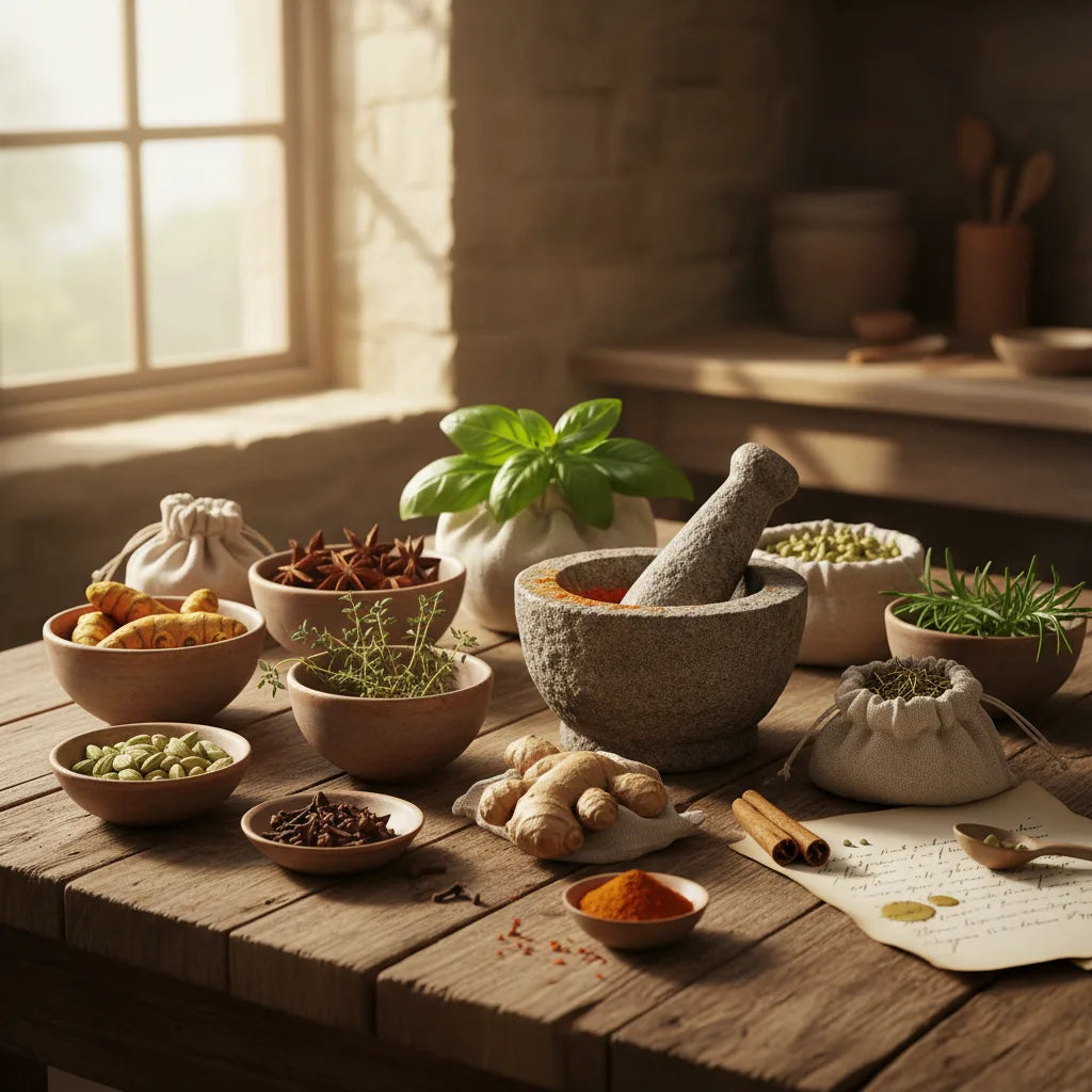 Colorful herbs and spices on kitchen counter