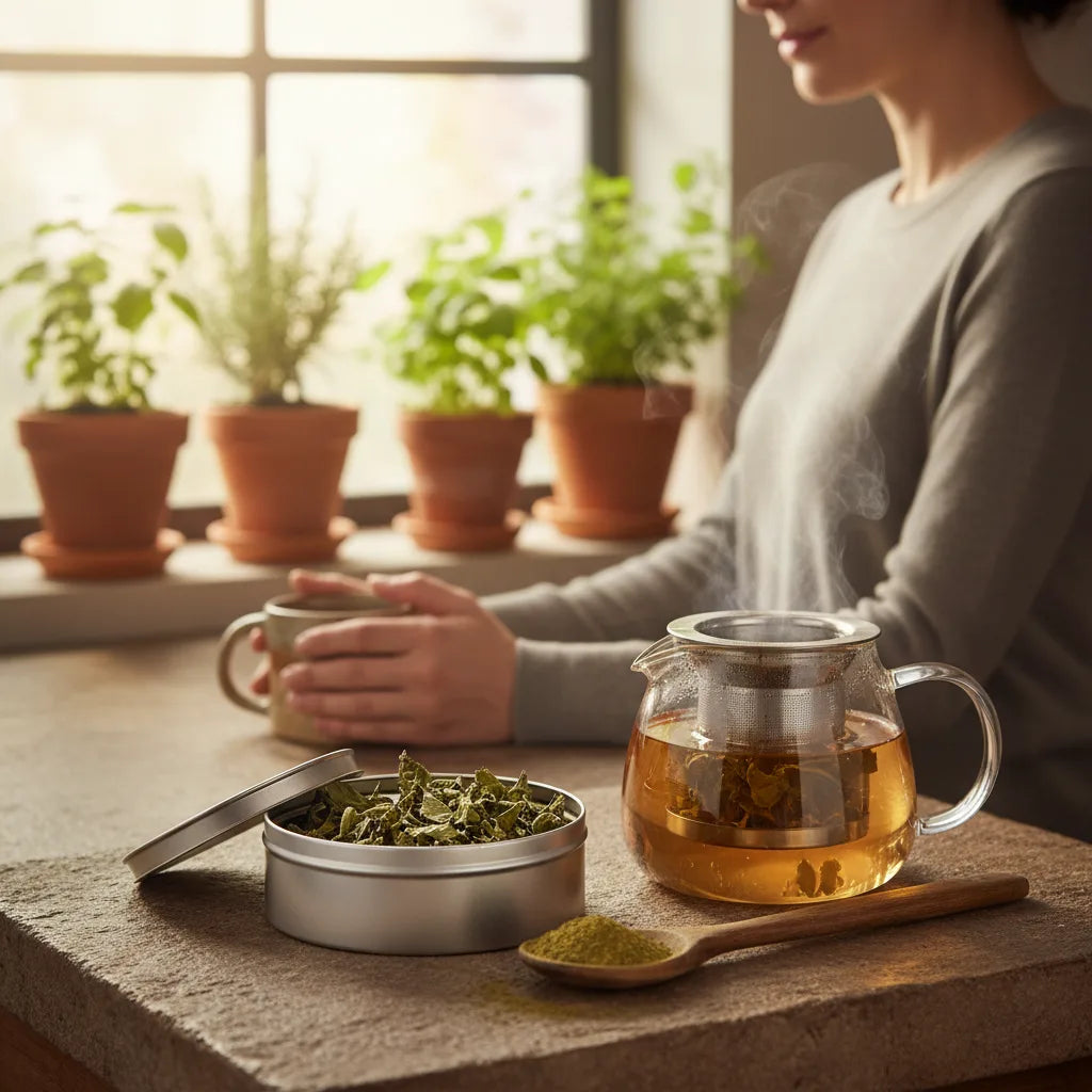 Gymnema tea infusing beside herbal powder
