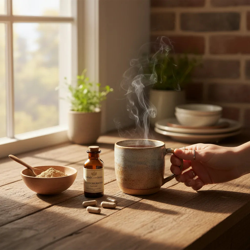 Ashwagandha preparations in morning kitchen light
