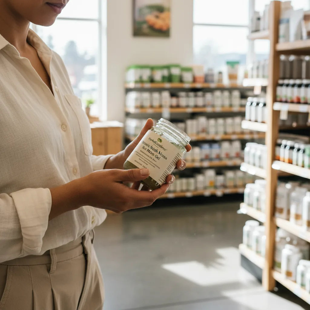 Shopper reading sea moss gel label