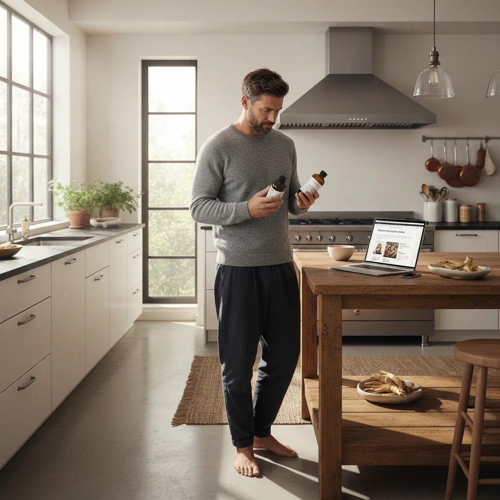 Man compares herbal extract bottles in kitchen