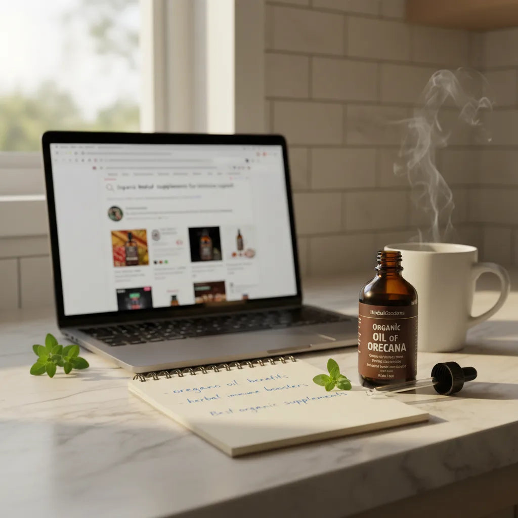 Oregano oil bottle beside laptop, search session