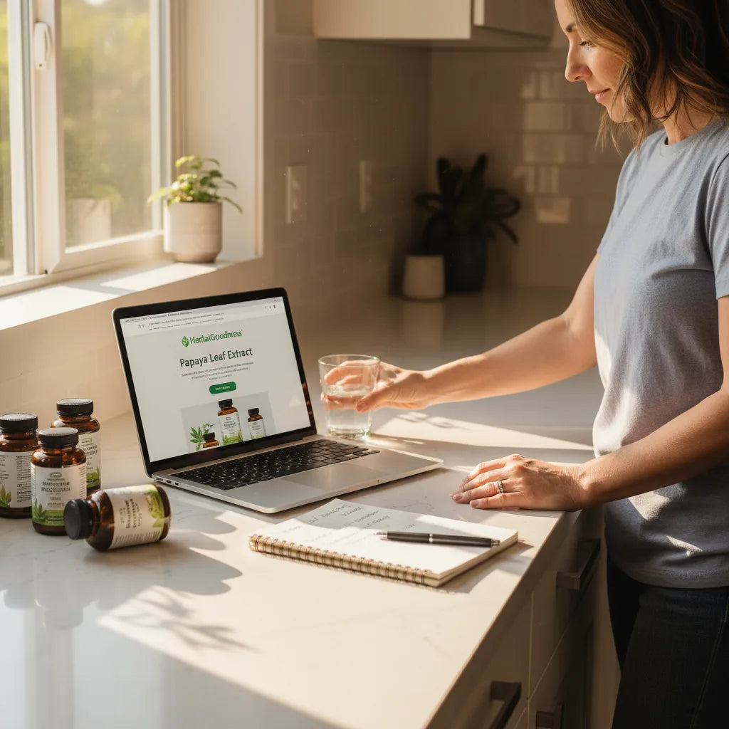 Woman researching papaya leaf products online