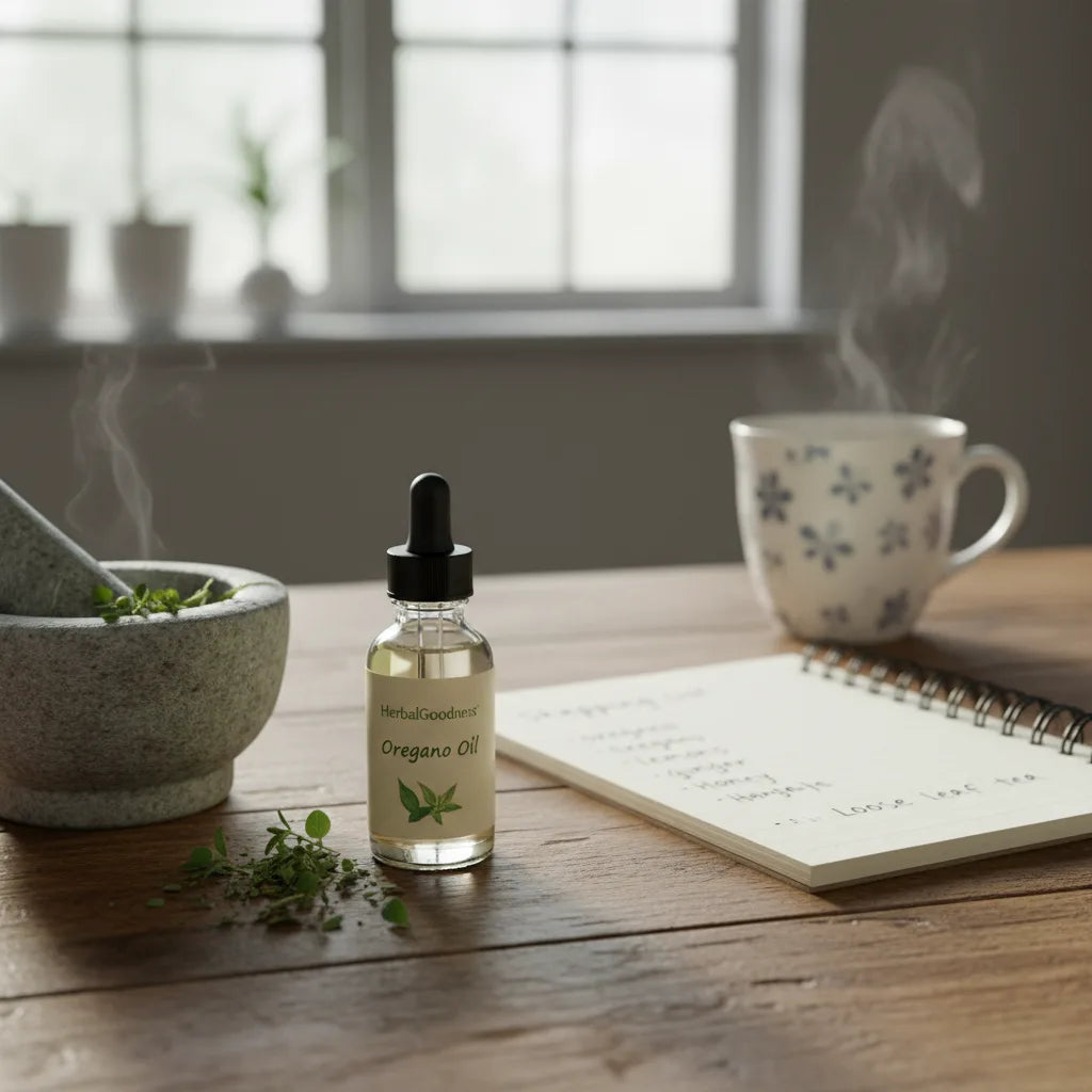 Unboxed oregano oil drops on counter
