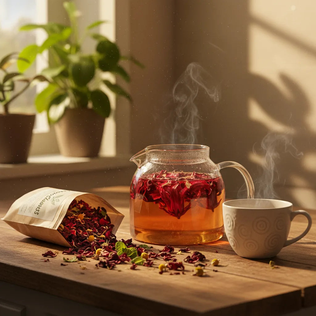 Brewing hibiscus tea with natural herbs