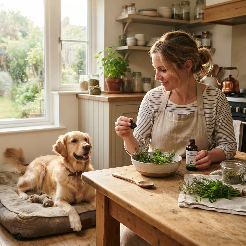 Owner adding HerbalGoodness oil for pet