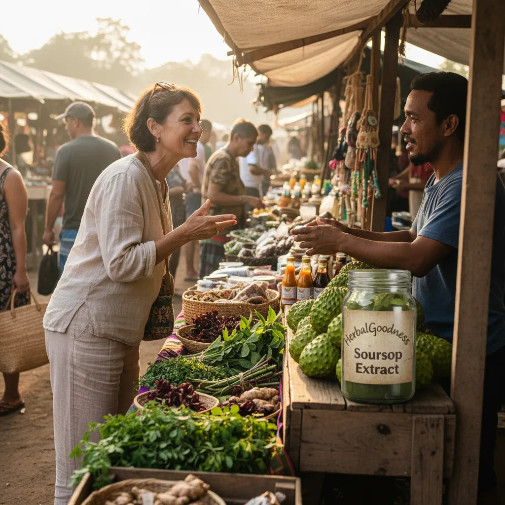 Shopper explores soursop extract at local market