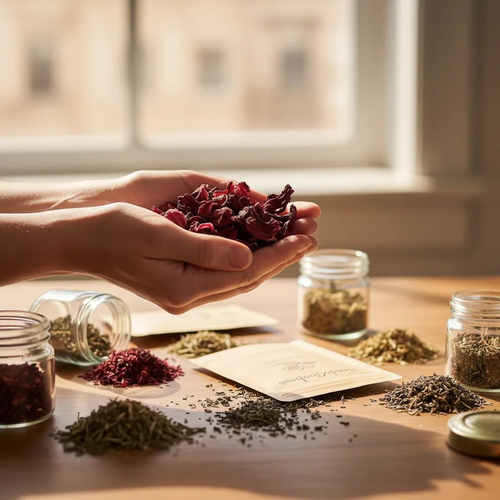 Hands inspecting dried hibiscus petals, natural light