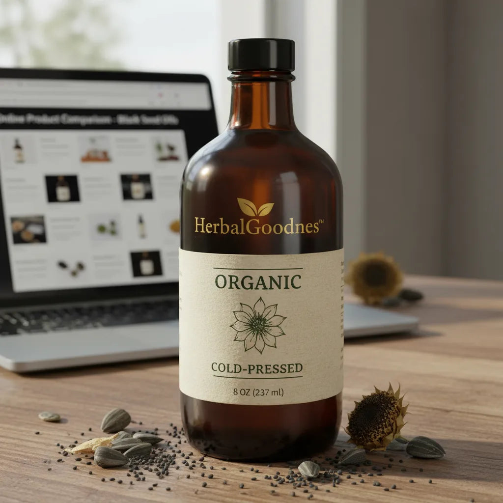 Black seed oil bottle with comparison laptop