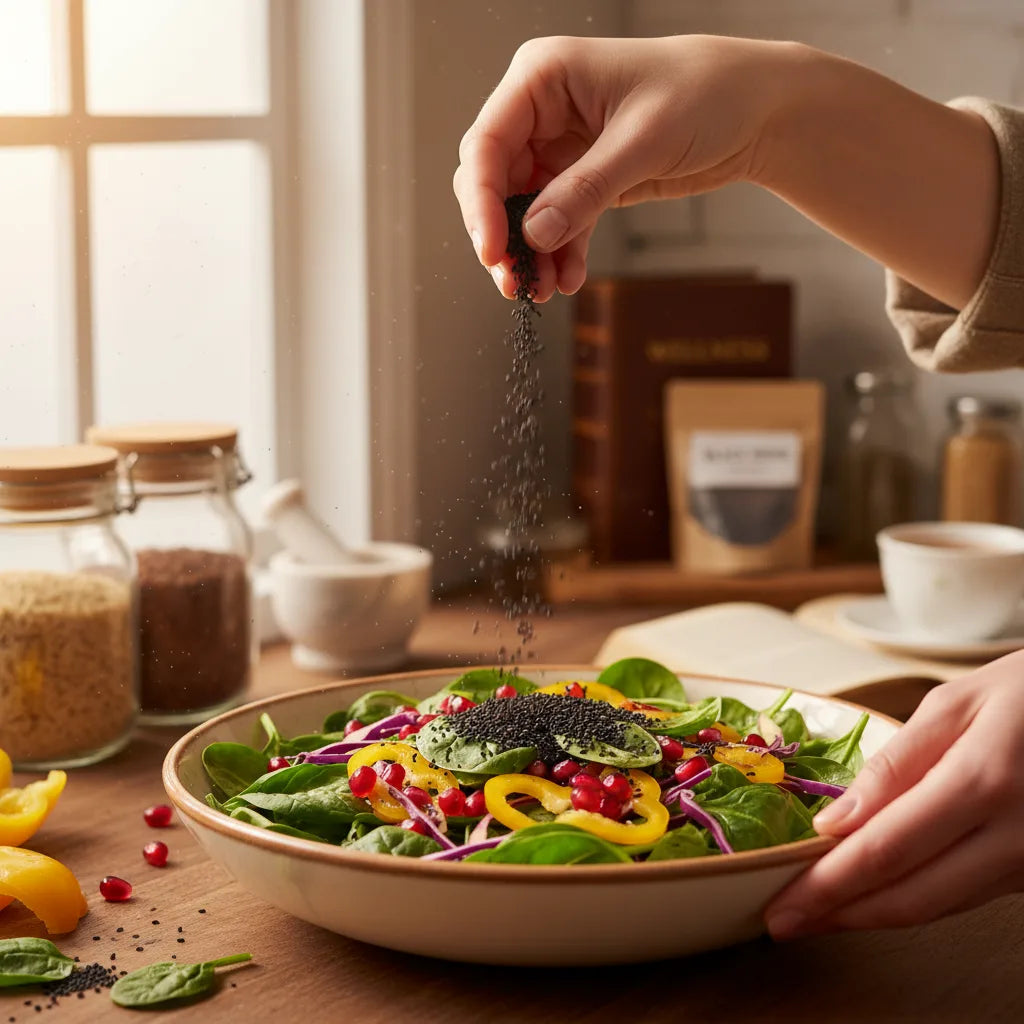 Woman adding black seeds to fresh salad