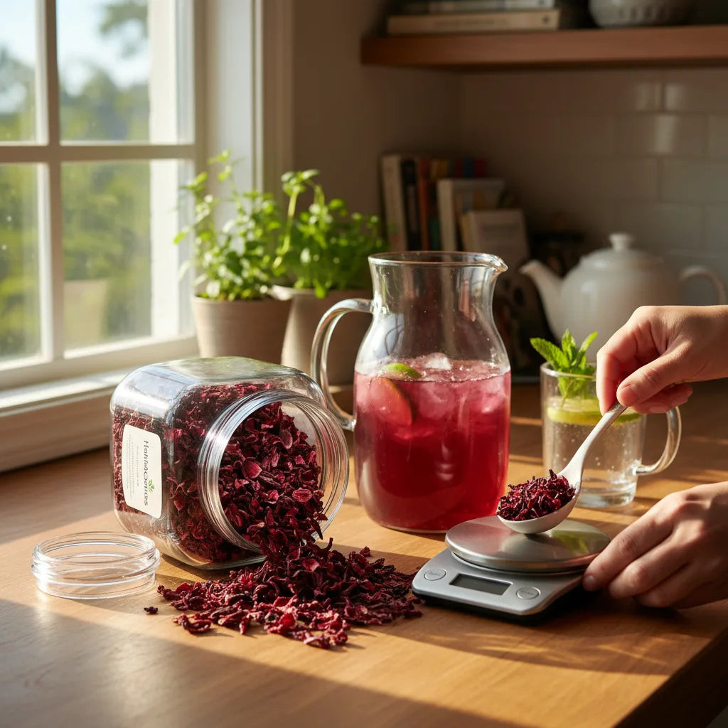 Measuring loose-leaf hibiscus for vibrant tea
