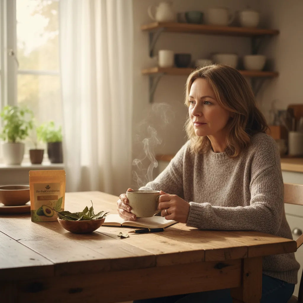 Woman journaling while drinking avocado tea