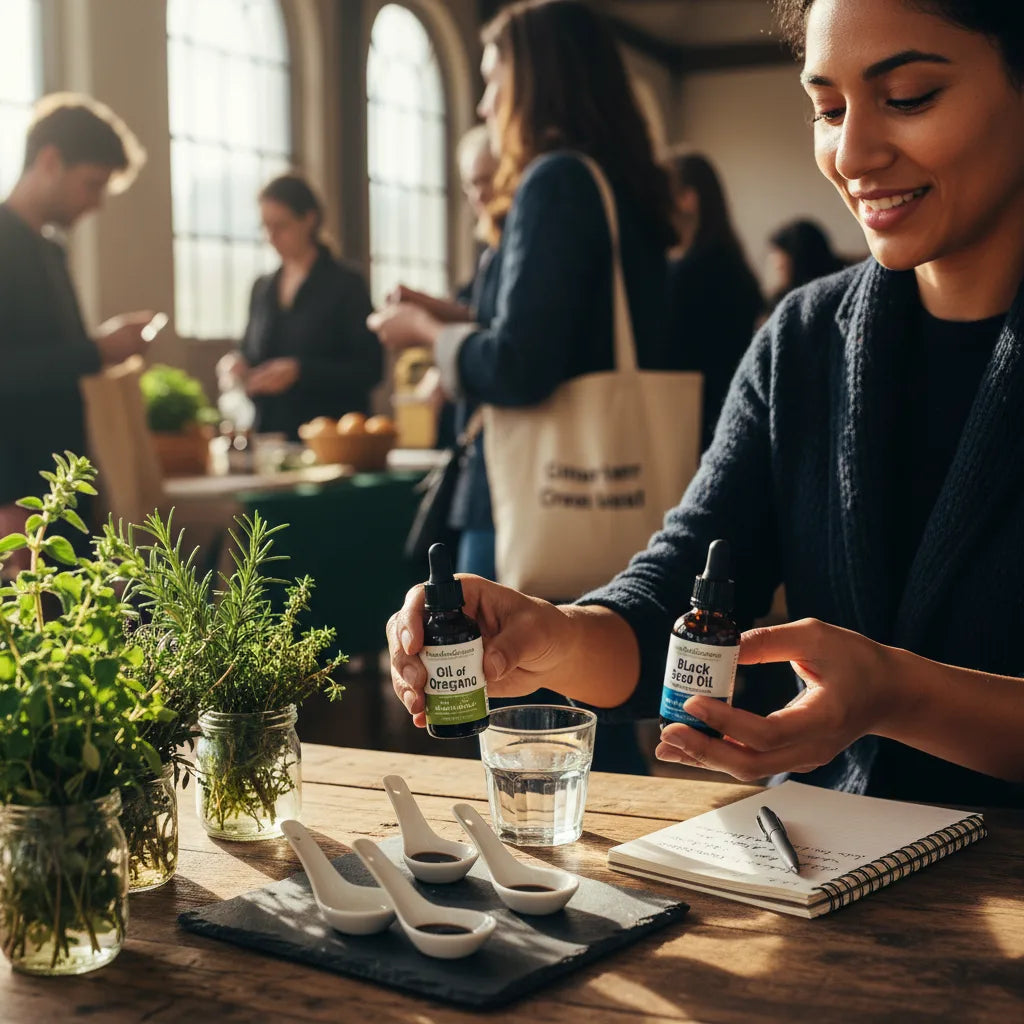 Sampling herbal oils at local market stall