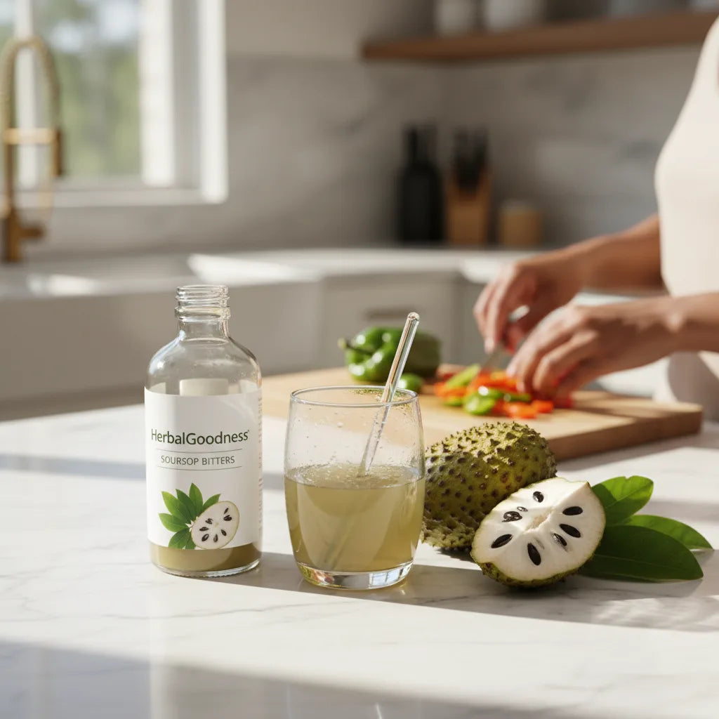 Soursop bitters bottle and preparation kitchen scene