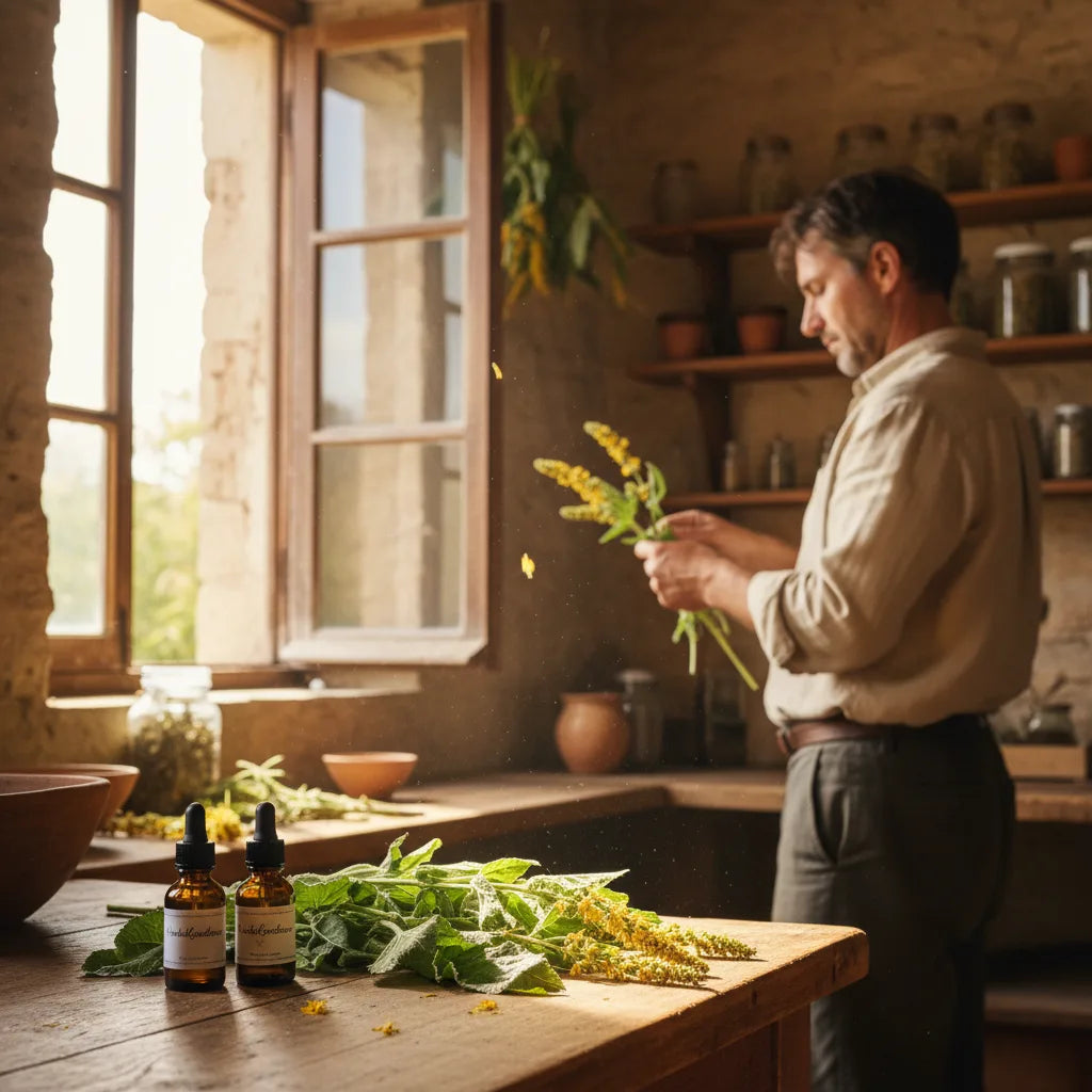 Mullein tincture crafting in sunlit herbal workshop