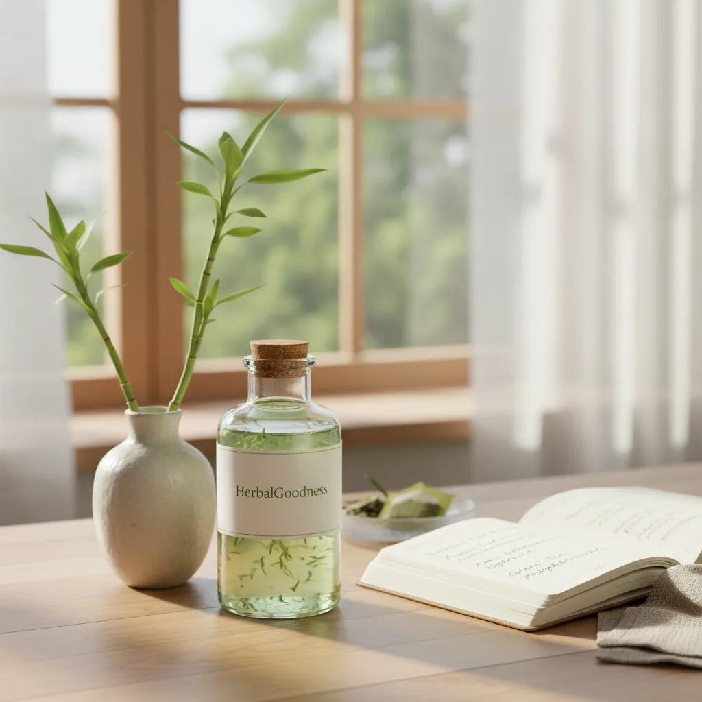 Bamboo extract skincare on natural vanity