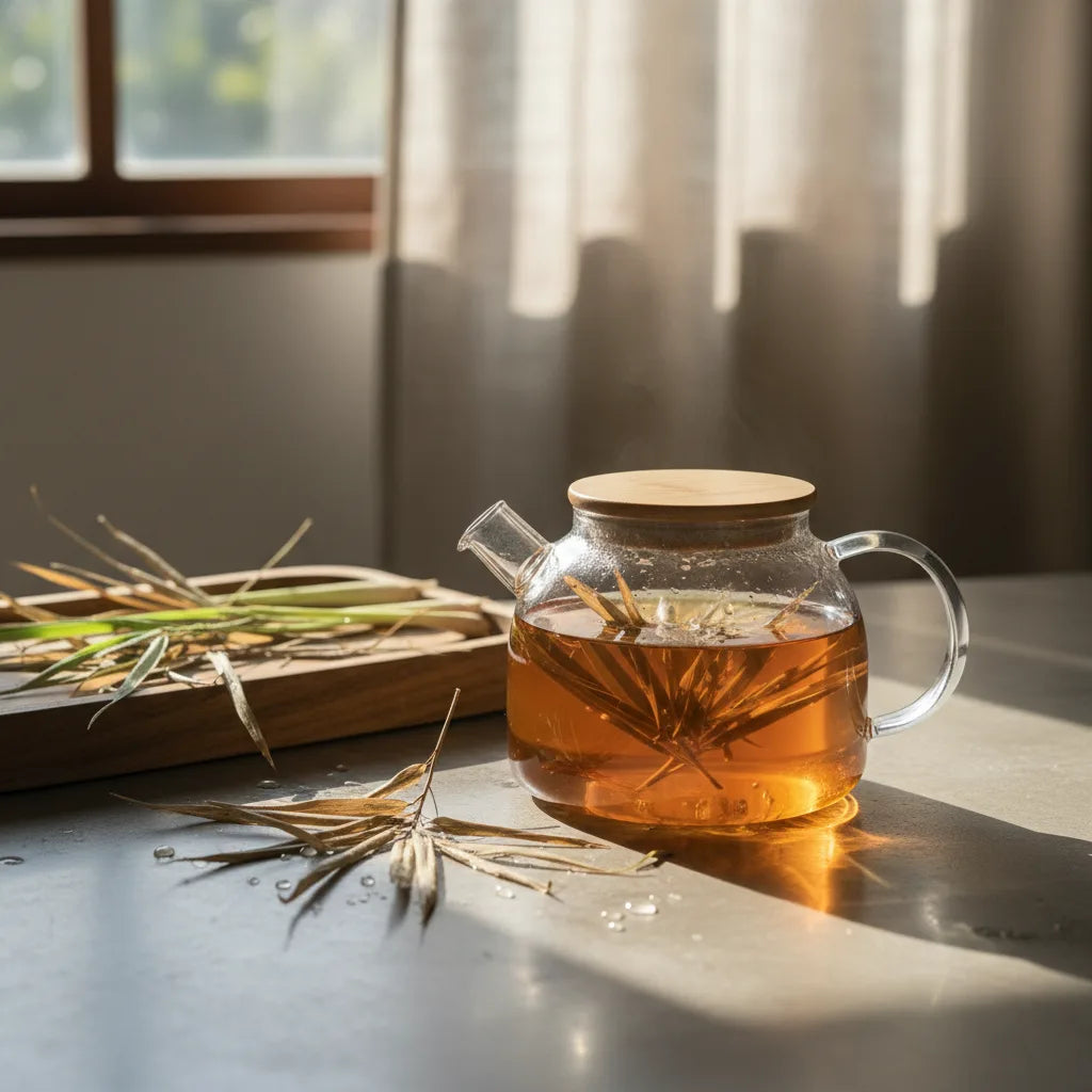 Bamboo tea infusing on morning kitchen counter