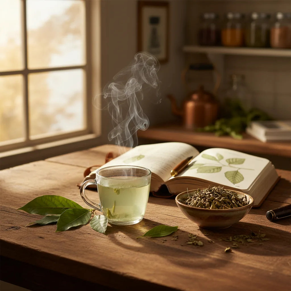 Steaming avocado leaf tea with fresh leaves