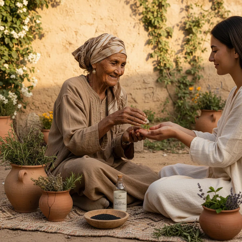 Elder woman using black seed oil