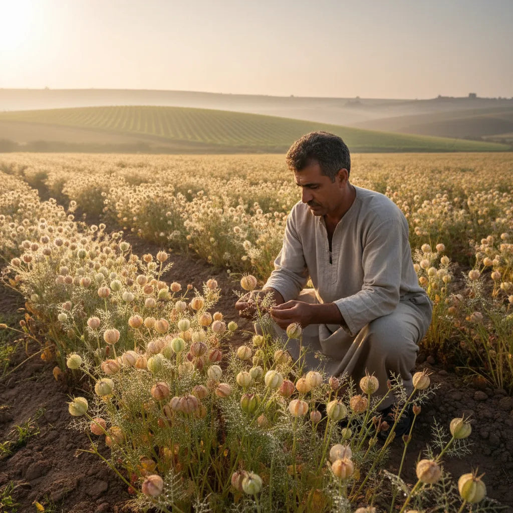 Farmer inspecting black seed at sunrise