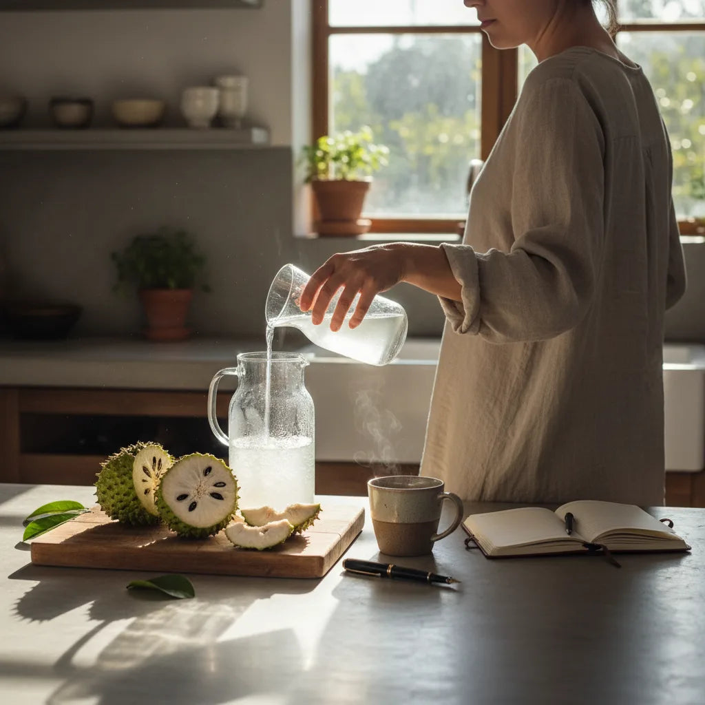 Morning soursop ritual in sunlit kitchen