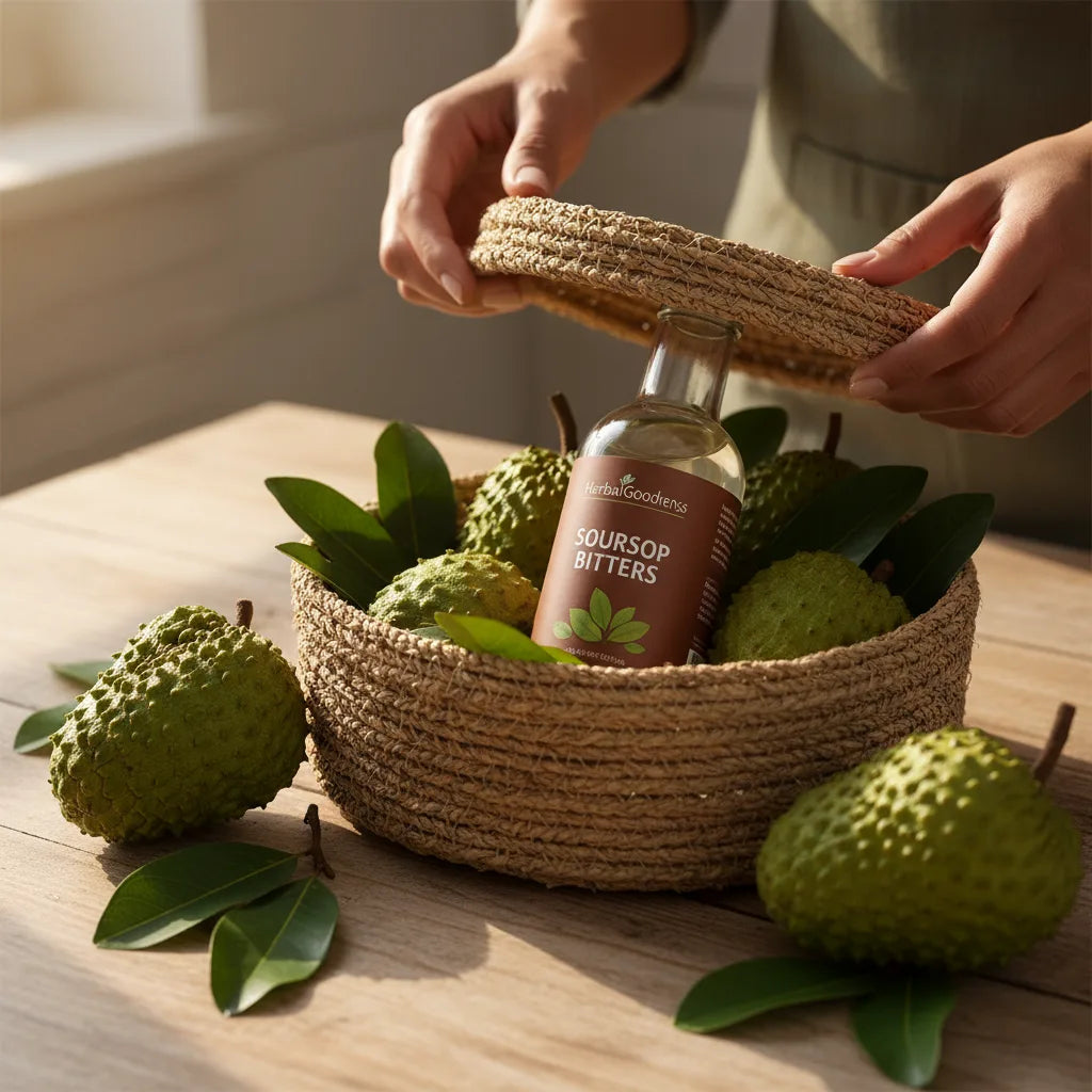Soursop bitters gift basket on kitchen table