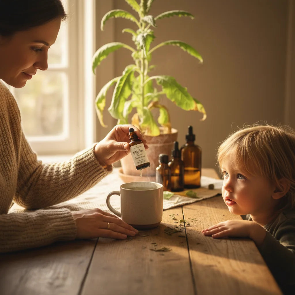 Parent and child preparing herbal tincture together