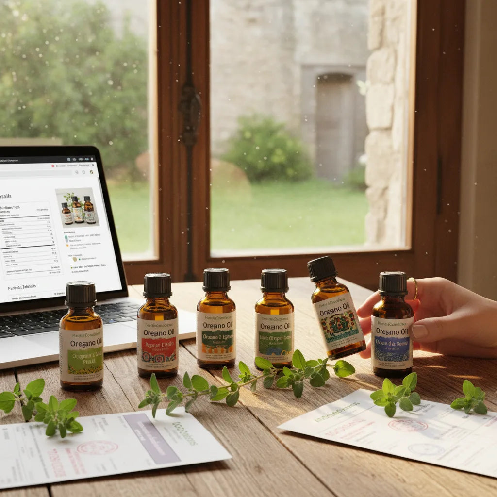 Comparing oregano oil bottles from abroad