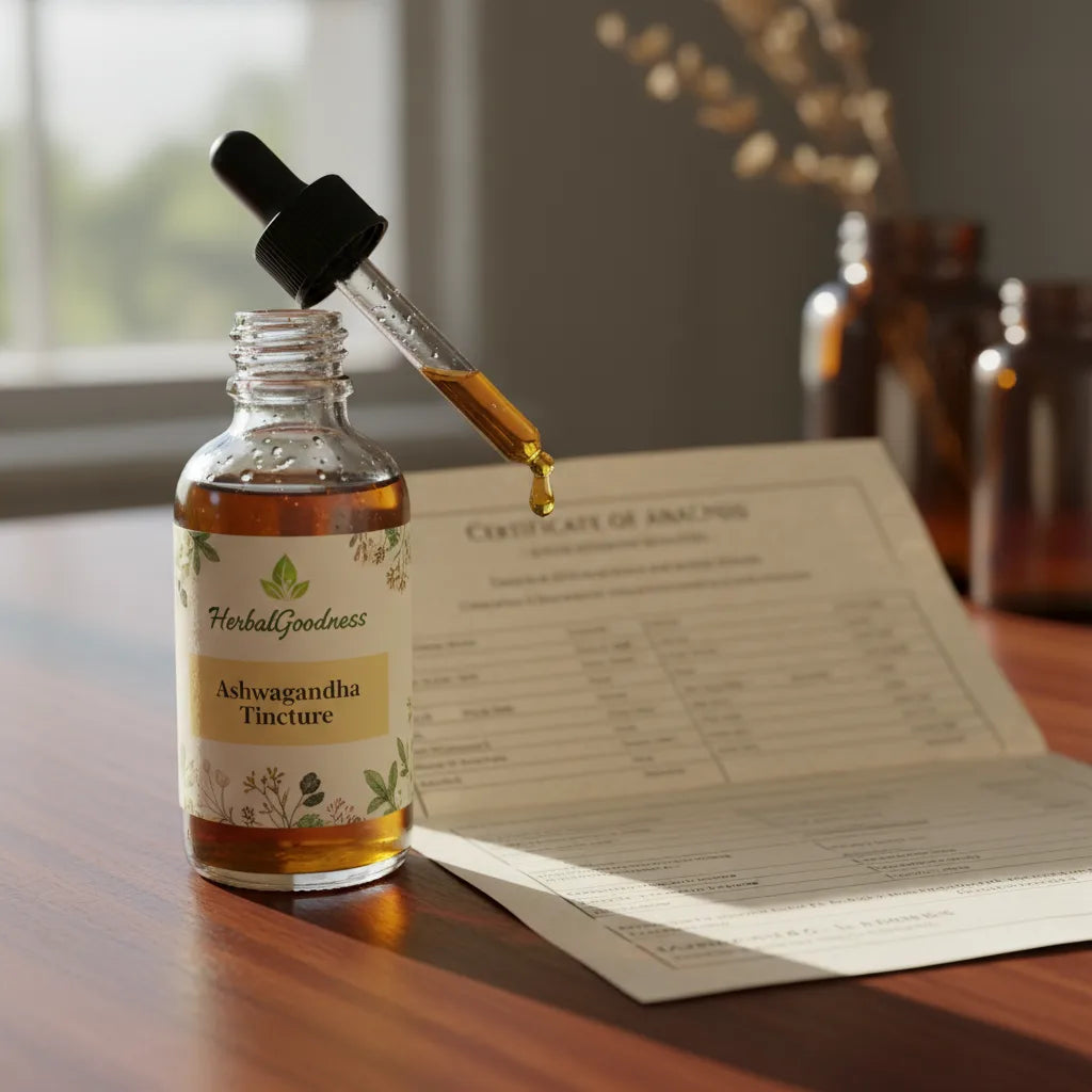 Inspecting ashwagandha tincture with analysis document