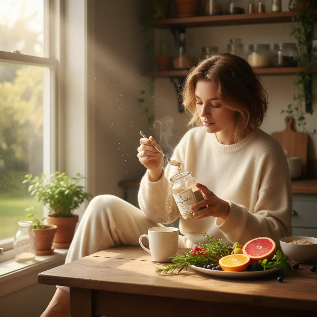 Woman preparing ashwagandha in morning sunlight