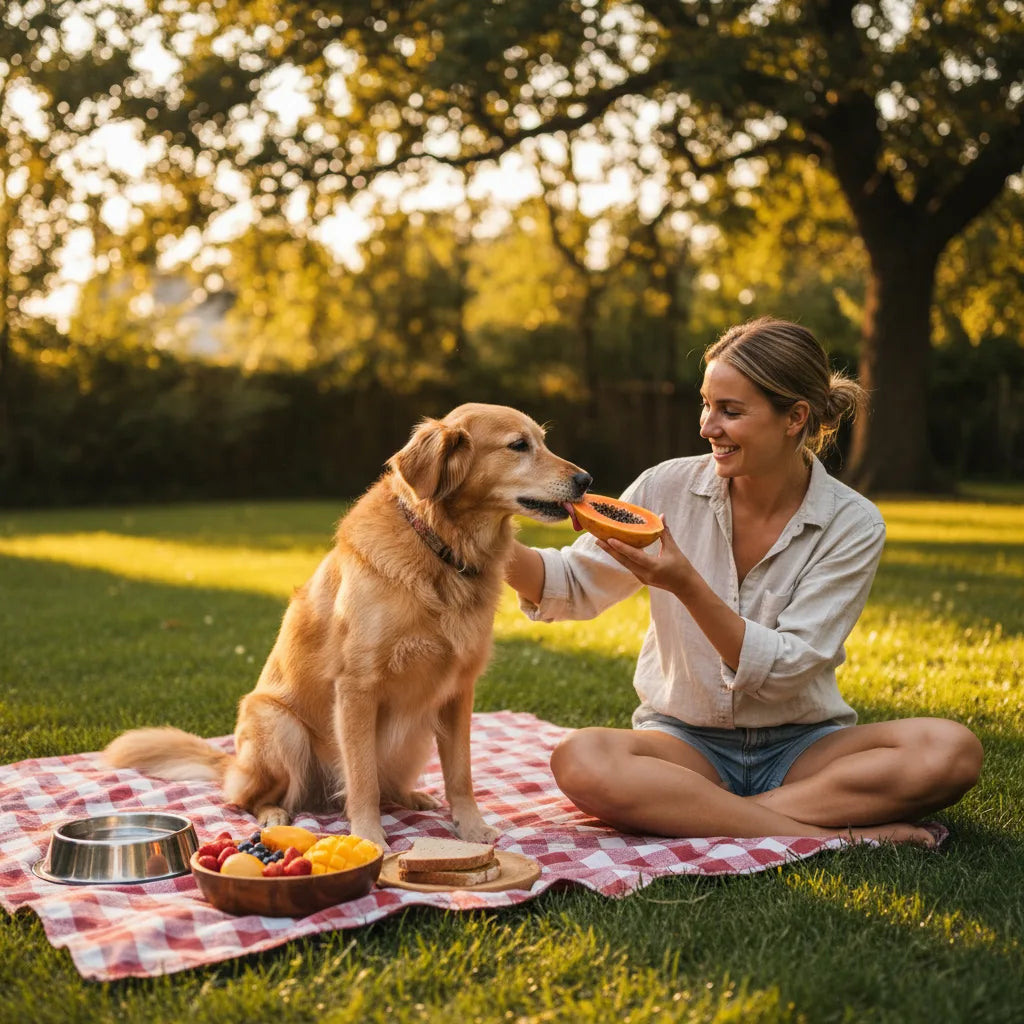Dog enjoying papaya slice with owner