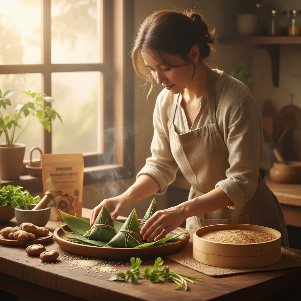 Woman prepares dumplings using bamboo leaves