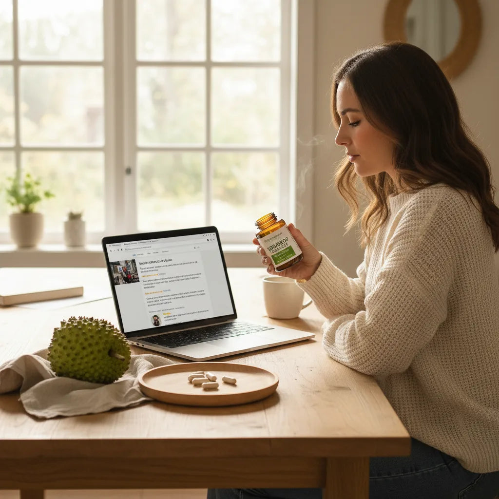 Woman compares soursop capsules online at home.