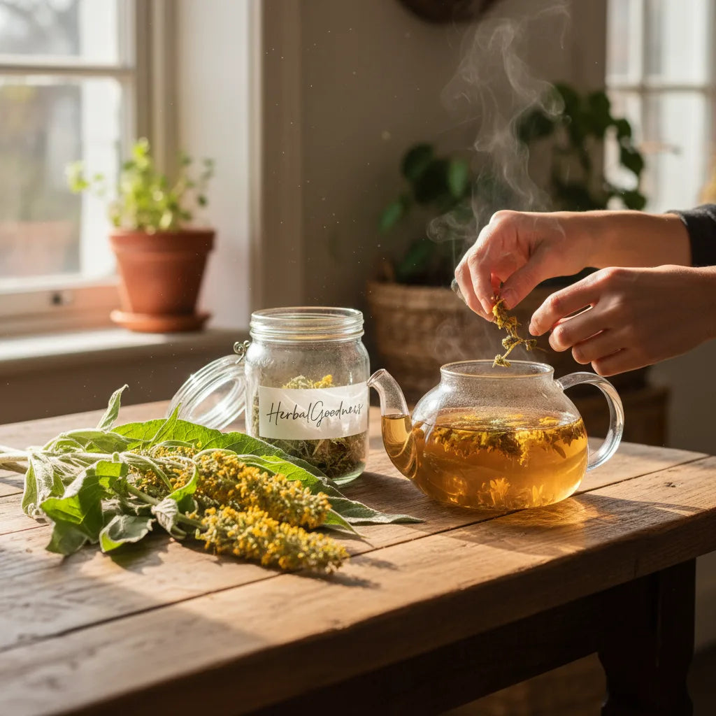 Blending mullein tea in sunlit kitchen