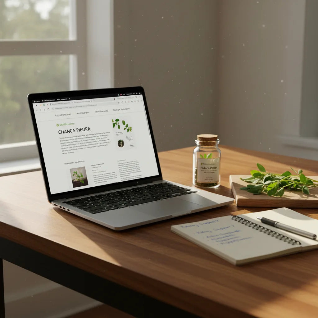 Laptop researching chanca piedra with herbs