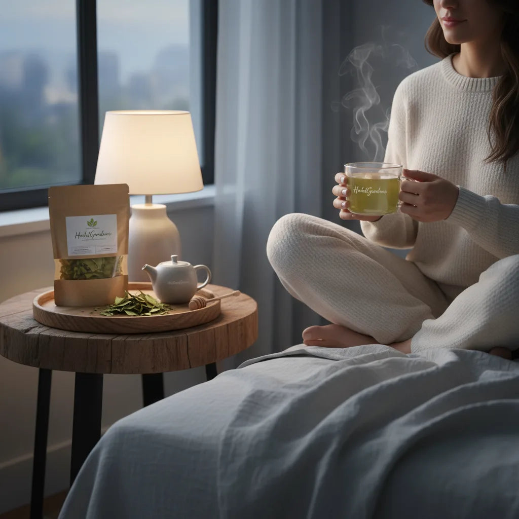 Relaxed woman enjoys soursop tea night ritual