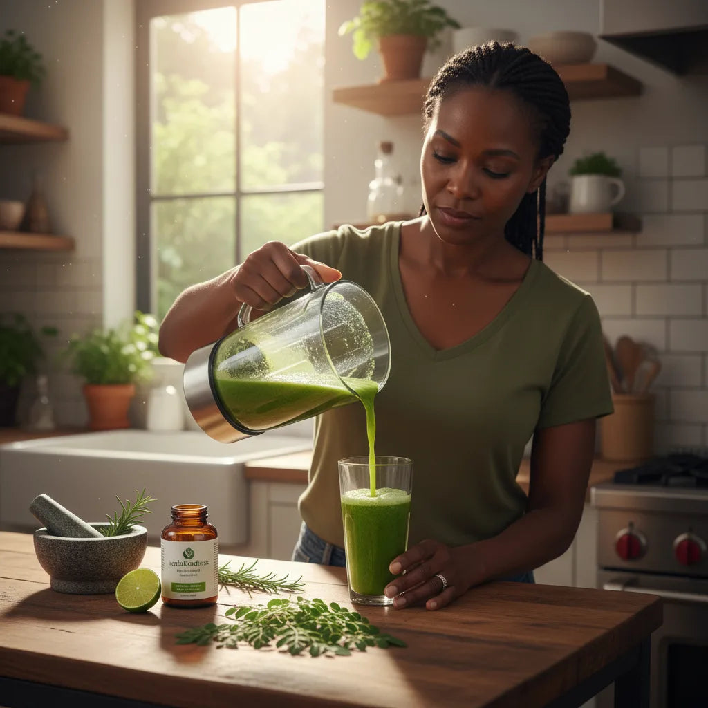 Woman prepares moringa smoothie in natural kitchen