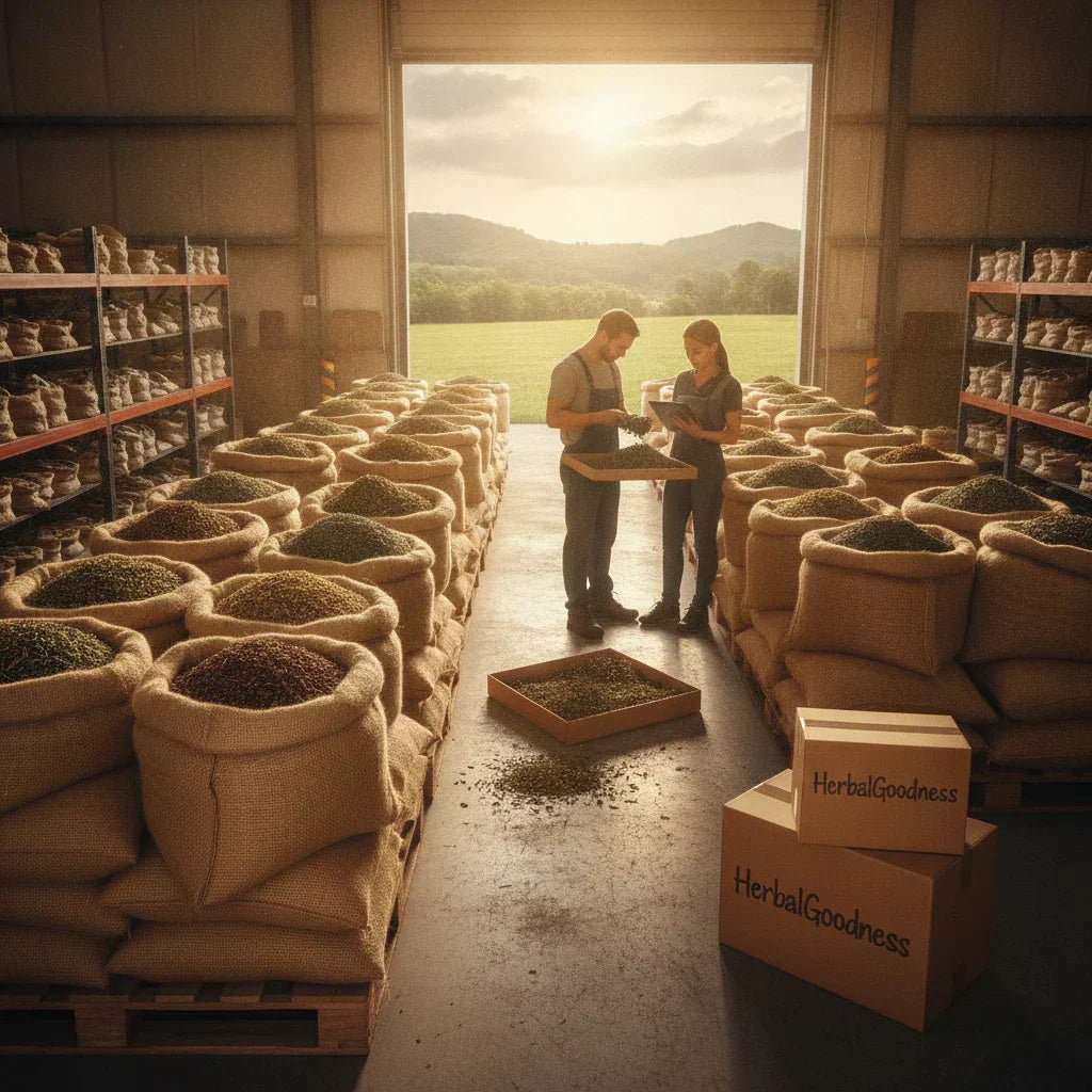 Warehouse team inspects organic herbal tea supplies