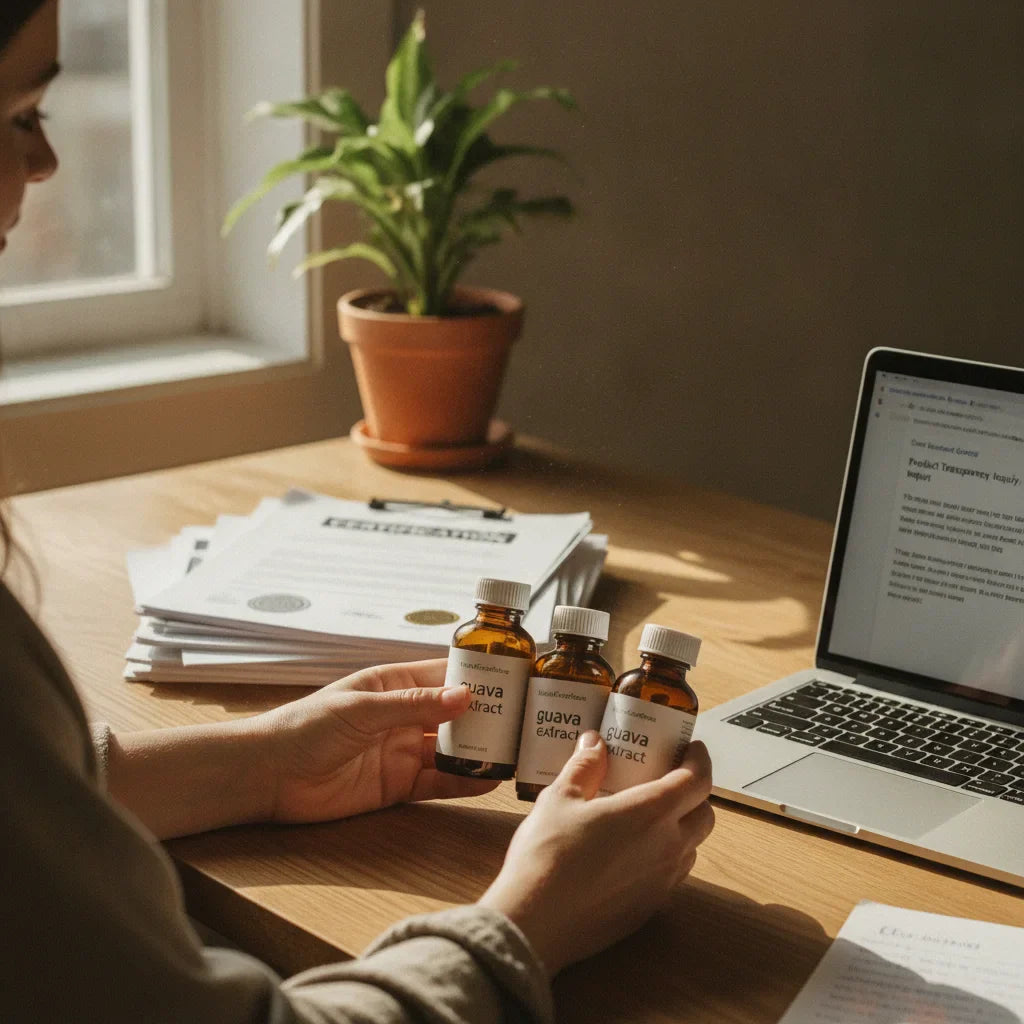 Shopper evaluates guava extract with documents