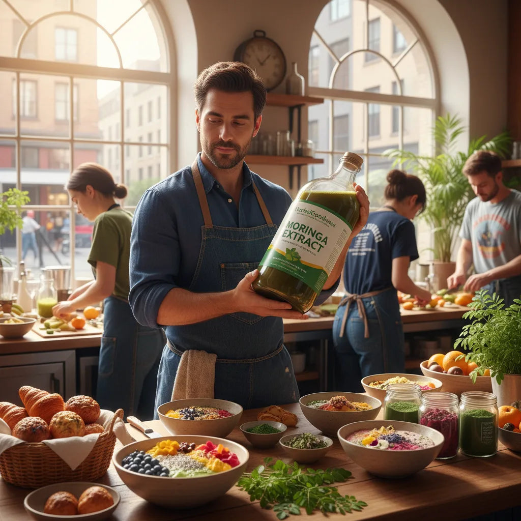 Chef examines bulk moringa in bright café