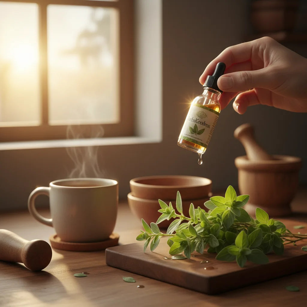 Hand examines small oregano oil bottle thoughtfully