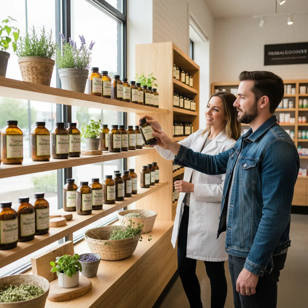 Pharmacist curates inviting herbal supplements shelf