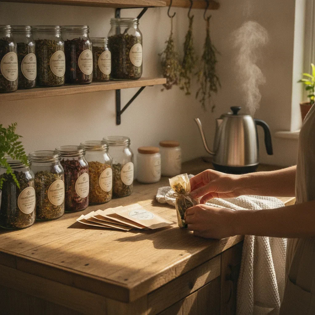 Hands choosing tea bundle in sunlit kitchen