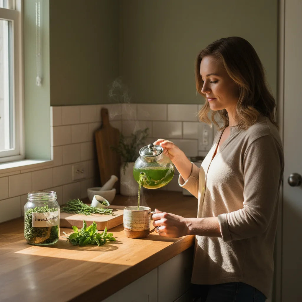 Pouring green moringa tea in morning sunlight