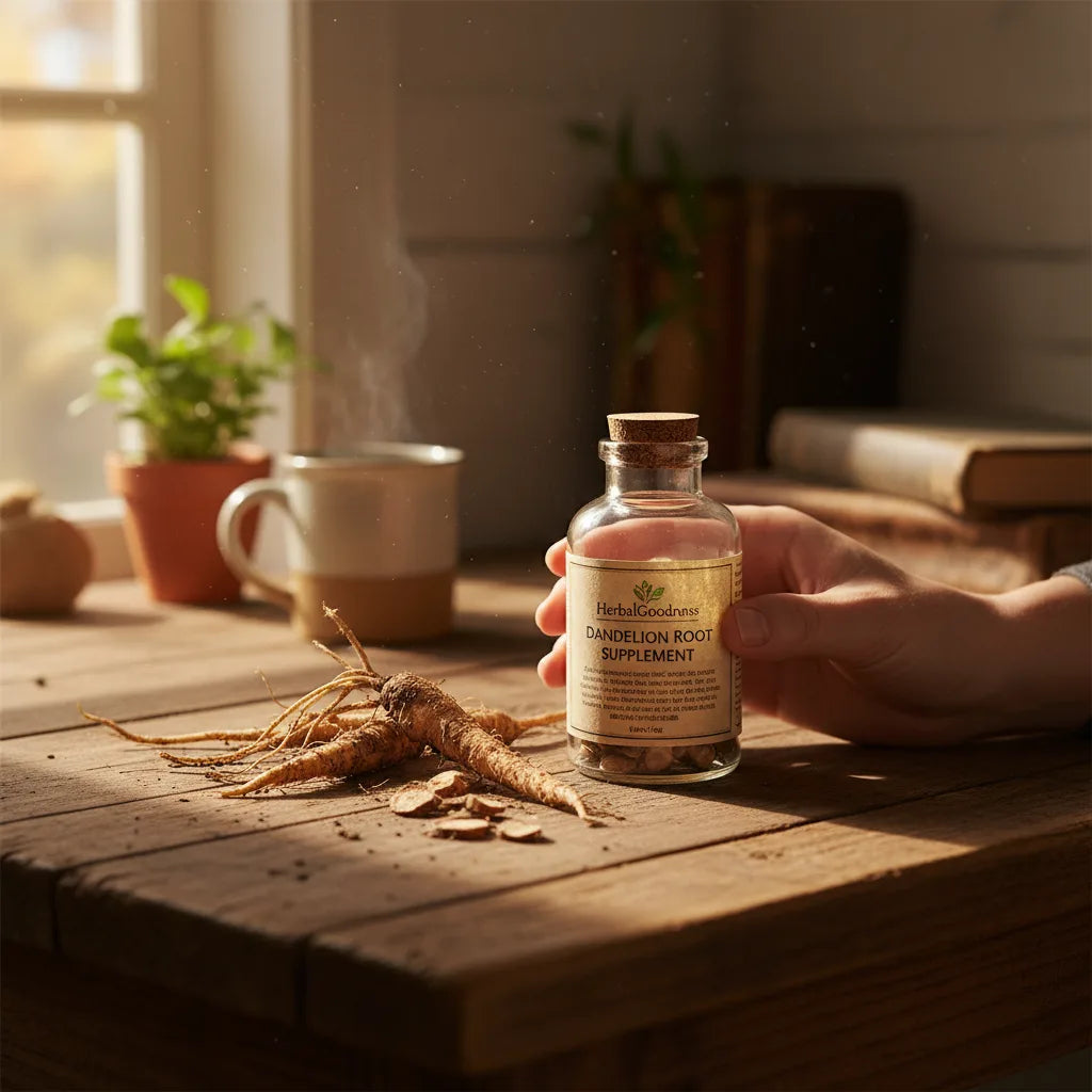 Hand inspecting HerbalGoodness dandelion supplement label
