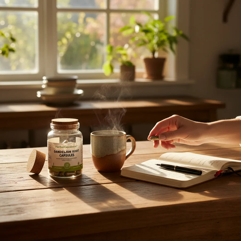 Morning dandelion supplement with journal and tea
