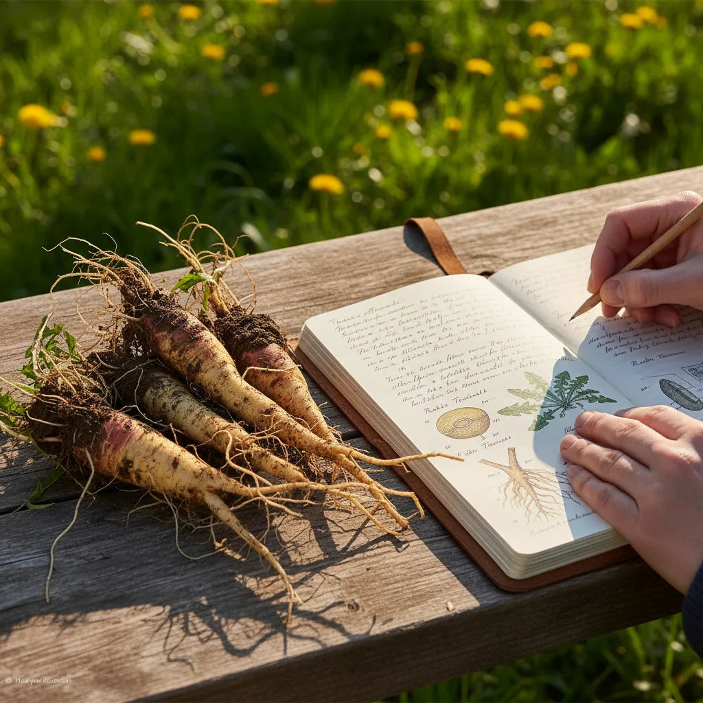 Fresh dandelion roots and botanical journal outdoors