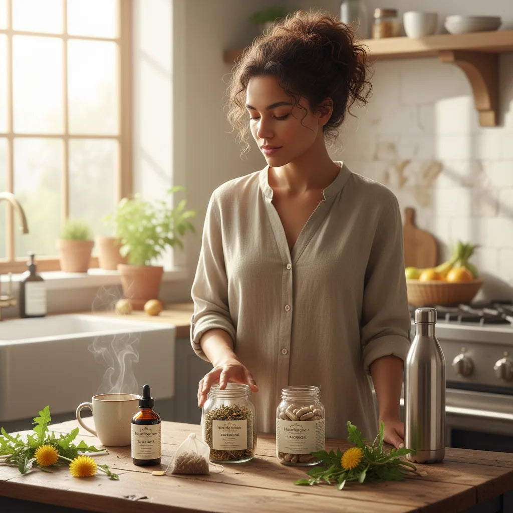Selecting dandelion supplements in bright home kitchen