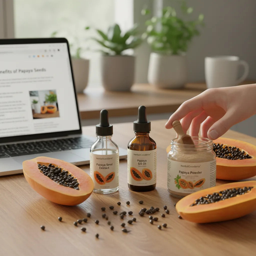 Papaya seed products comparison on kitchen table