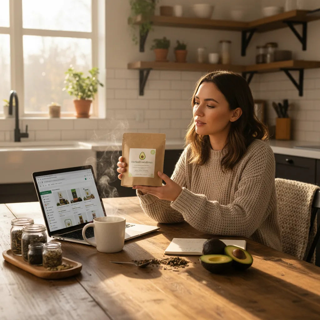 Person inspects avocado leaf tea box online